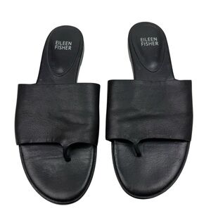 EILEEN FISHER Black Edge Leather Low Block Heel Thong Slip-On Slide Sandals 6